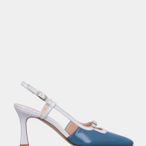 Slingback in verlux bicolore bianco e azzurro con cinturino regolabile