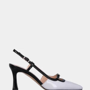 Slingback in verlux bicolore bianco e nero con cinturino regolabile