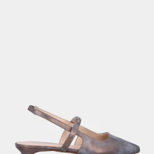 Slingback in laminato bronzo con mini morsetto e tacco semi zeppa