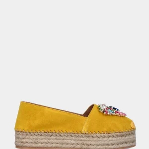 Espadrillas in camoscio giallo ocra con strass multicolor