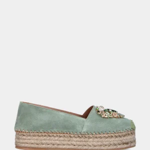 Espadrillas in camoscio verde salvia con strass multicolor