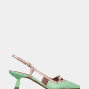 Slingback in nappa verde menta con cinturino beige e tacco a calice