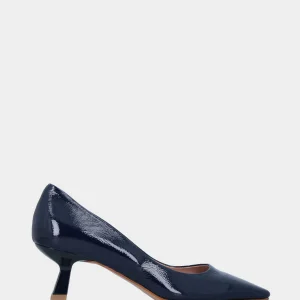 Décolleté in vernice blu con punta quadrata e tacco a calice
