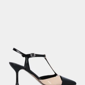 Slingback in vernice nera e beige con listino a T e tacco a calice