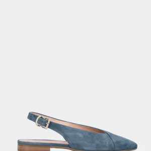 Slingback in camoscio color jeans con tomaia a ventaglio