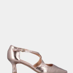 Slingback in laminato rame con cinturini incrociati e tacco calice