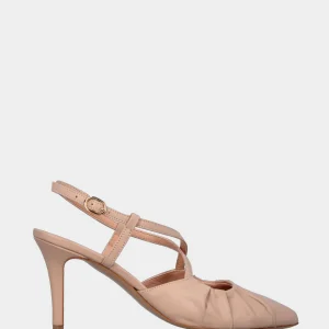 Slingback in nappa beige con piegature e cinturini incrociati