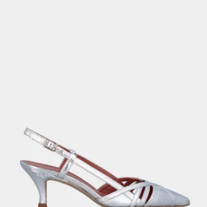 Slingback in laminato argento con listini incrociati e tacco a calice