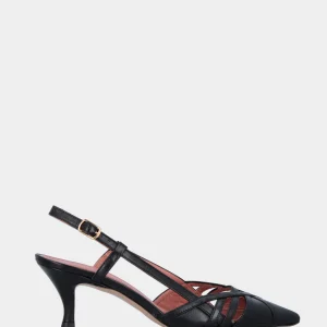 Slingback in nappa nera con listini incrociati e tacco a calice