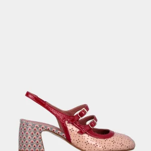 Slingback in naplak color nude con cinturini rossi e punta tonda