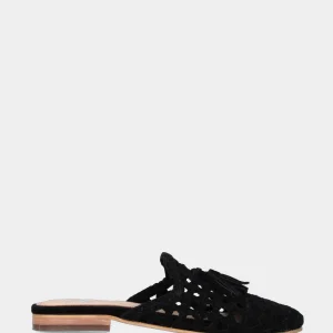 Sabot in velour nero con tomaia intrecciata e nappine