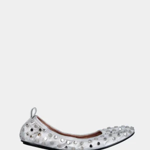Ballerina flat in laminato argento con arricciatura e lavorazione a sacchetto