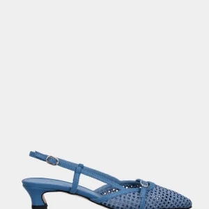 Slingback in rafia color jeans con cinturino e tacco a coda
