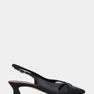 Slingback in nappa nera con fascette incrociate e tacco a coda