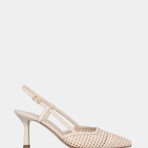 Slingback in nappa beige e rafia intrecciata con tacco a calice