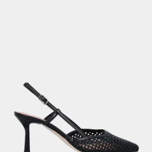 Slingback in nappa nera e rafia intrecciata con tacco a calice