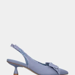 Slingback in tessuto celeste con fiocco sullo scollo e tacco a calice