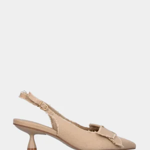 Slingback in tessuto ecrù con fiocco sullo scollo e tacco a calice