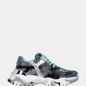 Sneaker in tessuto nero con cristalli e dettagli fantasia