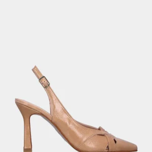 Slingback in naplak beige con incroci in pianta e tacco a calice