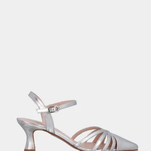 Slingback in laminato argento con cinturini incrociati e tacco a calice