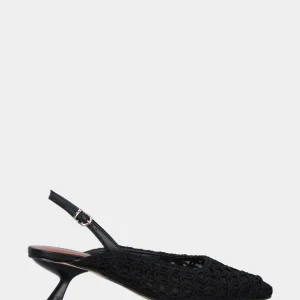 Slingback in tessuto nero con tacco a calice e tomaia in rete intrecciata