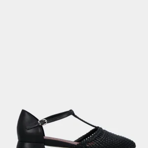 Ballerina Charleston in nappa nera con punta sfilata intrecciata