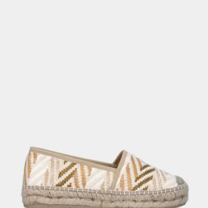Espadrilla in tessuto beige con infilature in rafia multicolor