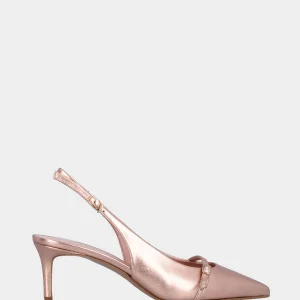 Slingback in laminato oro con tacco a calice e scollo tondo