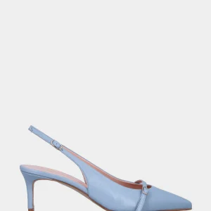 Slingback in verlux celeste con tacco a calice e scollo tondo