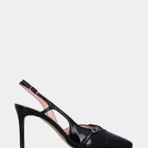 Slingback in verlux nero con cinturini incrociati e tacco a calice