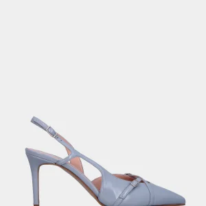 Slingback in verlux celeste con cinturini incrociati e tacco a calice