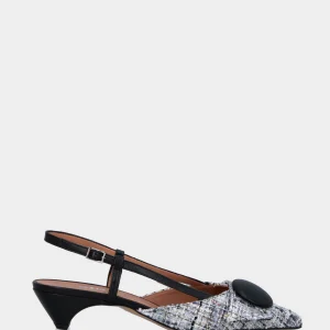 Slingback in tessuto nero e grigio con fibbia e bottone in pianta