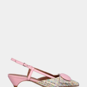 Slingback in tessuto multicolor e rosa con fibbia e bottone in pianta