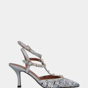 Slingback multicolor nei toni del grigio con borchie e tacco a calice