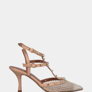 Slingback in tessuto nude con borchie e brillantini