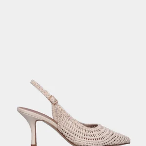 Slingback in nappa bianca avorio con tomaia a rete intrecciata e tacco a calice