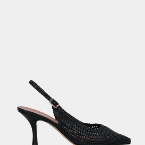 Slingback in nappa nera con tomaia a rete intrecciata e tacco a calice