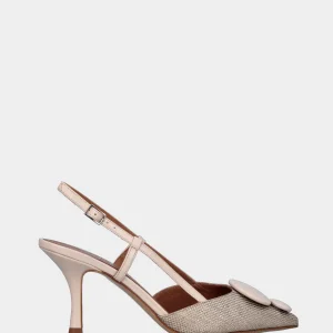 Slingback in rafia beige con tacco a calice e bottoni in pianta