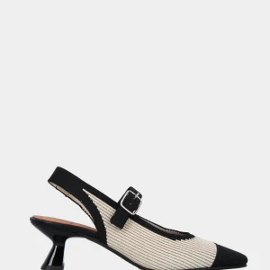 Slingback in tessuto bicolore elasticizzato beige e nero e cinturino