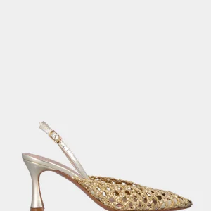 Slingback in rafia platino con intreccio traforato e tacco a calice