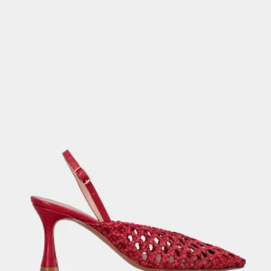 Slingback in rafia rossa con intreccio traforato e tacco a calice