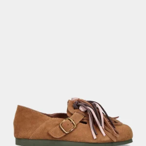 Pantofolina in crosta cammello con fusbet e listini multicolore
