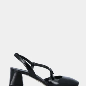 Slingback in verlux nero con cinturino sinuoso e tacco a blocco