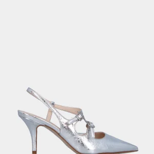 Slingback in laminato argento con tacco incavato e cinturini a V