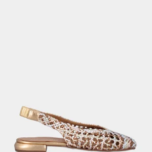Slingback in laminato oro con tomaia multicolor intrecciata