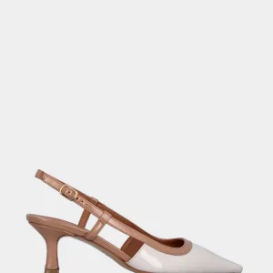 Slingback in verlux bianco latte con listini cammello