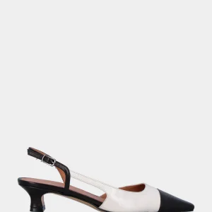 Slingback in nappa nera e bianco latte con cinturino asimmetrico