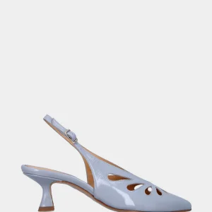 Slingback in verlux celeste con aperture a goccia e tacco a calice