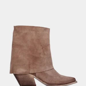 Stivaletto camperos in velour beige con gambale a tubo con risvolto